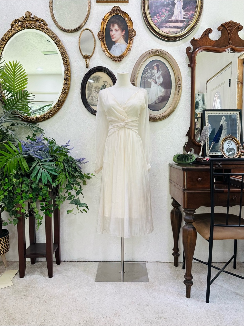 Vintage-Inspired Sheer Ivory Dress - Elegant Home Accent Display